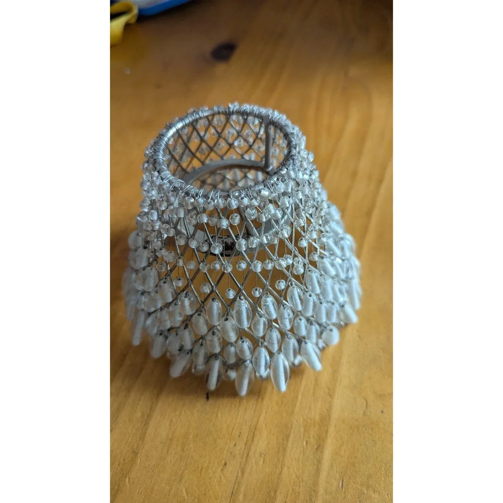 Vintage Beaded Wire Mesh Lamp Shade Clear Glass Teardrop Chandelier Cover 4.5in